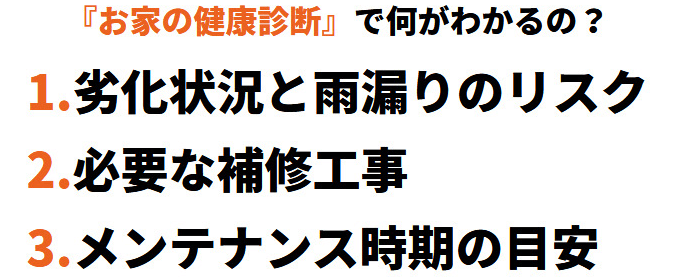 『お家の健康診断』で何がわかるの?1.劣化状況と雨漏りのリスク2.必要な補修工事 3.メンテナンス時期の目安