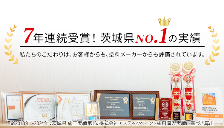 5年連続受賞!茨城県No.1の実績 私たちのこだわりは、お客様からも、塗料メーカーからも評価されています。