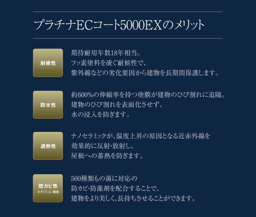プラチナECコート5000EXのメリット：耐候性、防水性、遮熱性、防カビ性（※オプション機能）