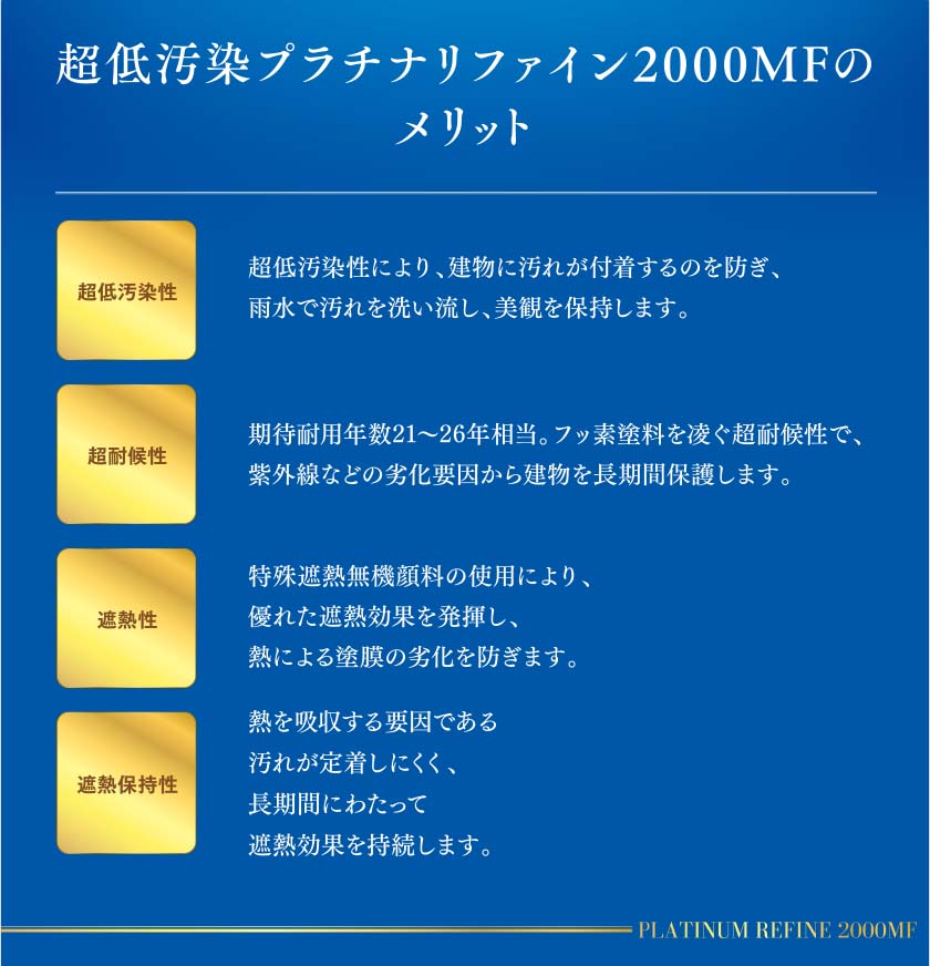 超低汚染プラチナリファイン2000MFのメリット：超低汚染性、超耐候性、遮熱性、遮熱保持性